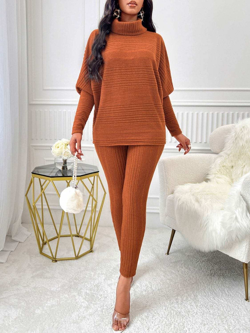 Turtleneck Batwing Sleeve Top and Pants Set - Trendsi - Flyclothing LLC