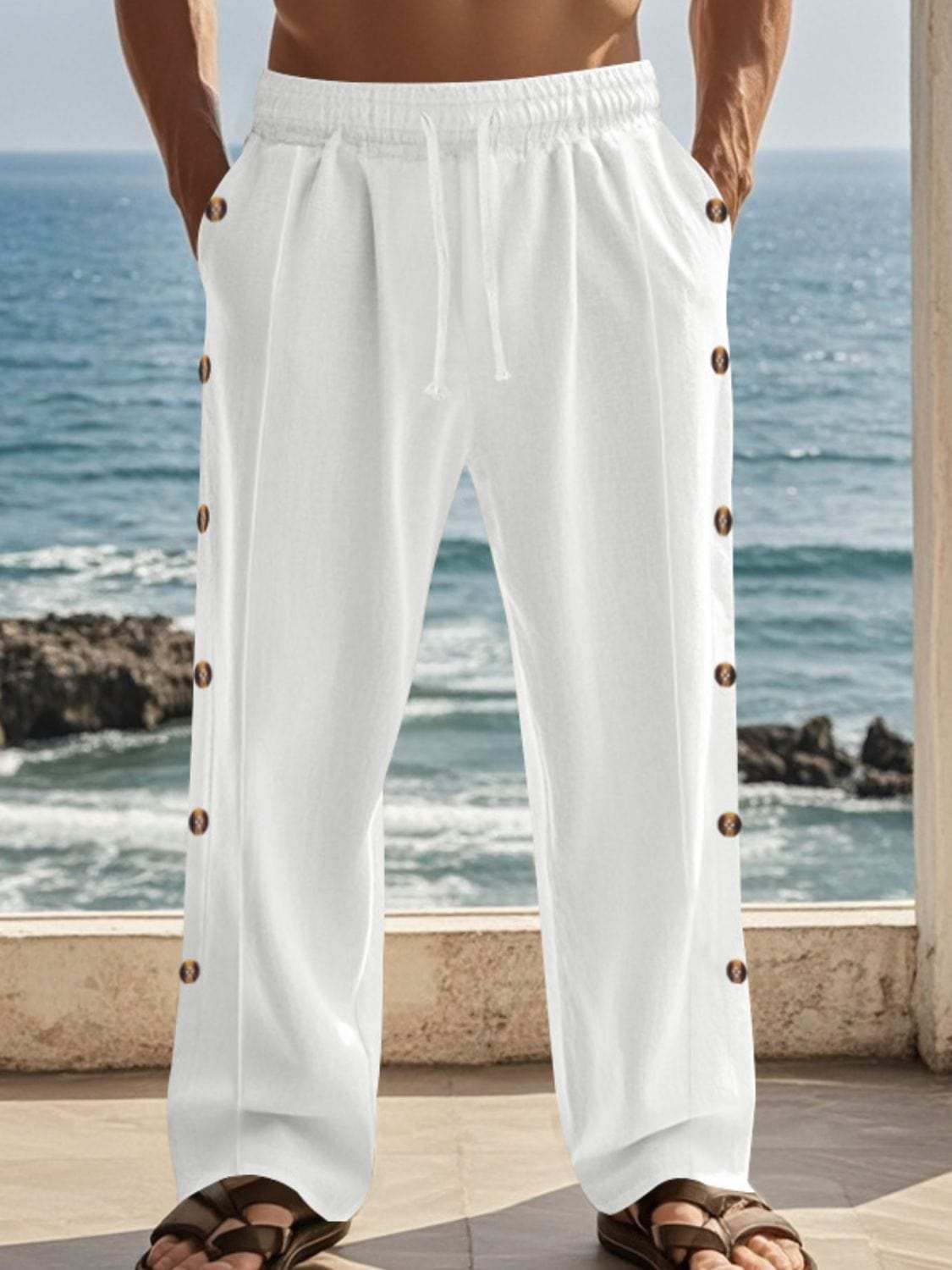 Men's Full Size Side Button Wide Leg Pants Plus Size - Trendsi - Flyclothing LLC