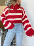 Striped Turtleneck Long Sleeve Cropped Sweater - Trendsi