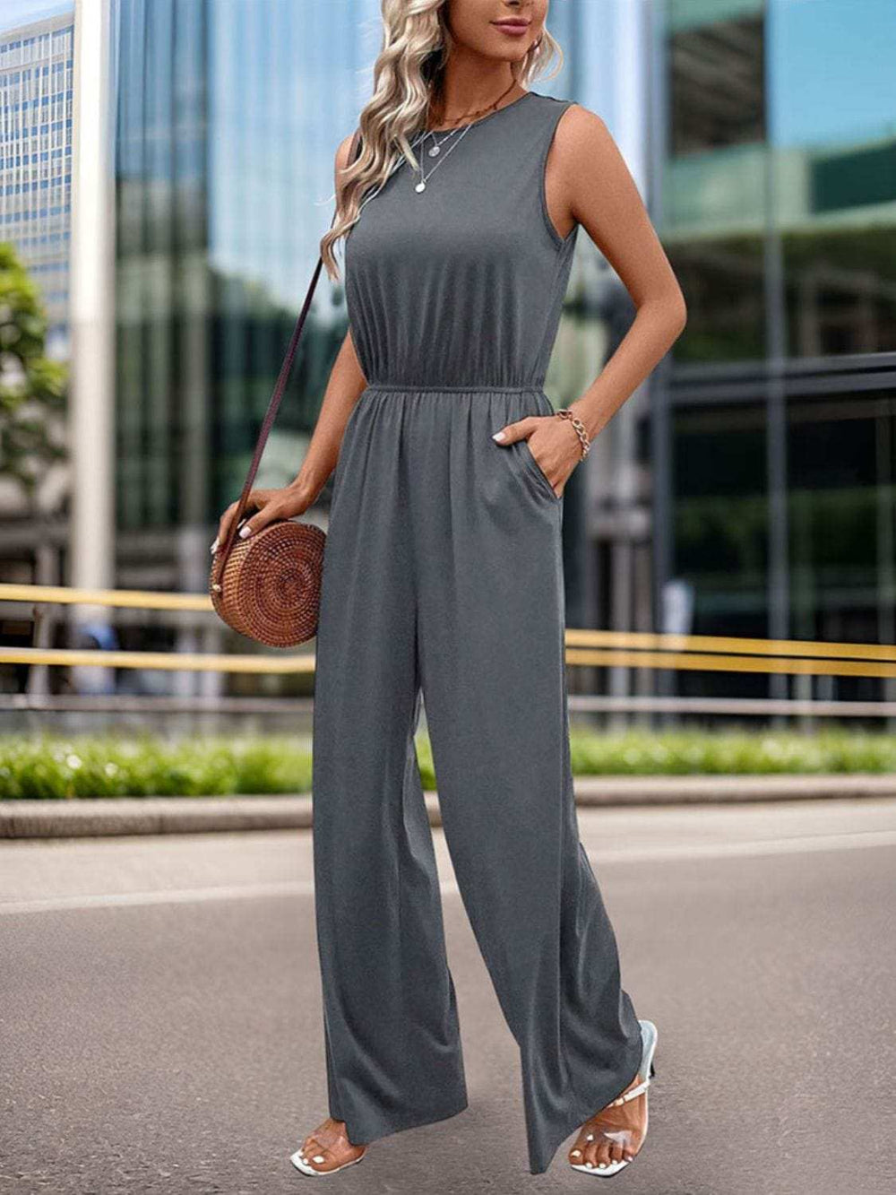 Round Neck Wide Leg Jumpsuit - Trendsi - Flyclothing LLC