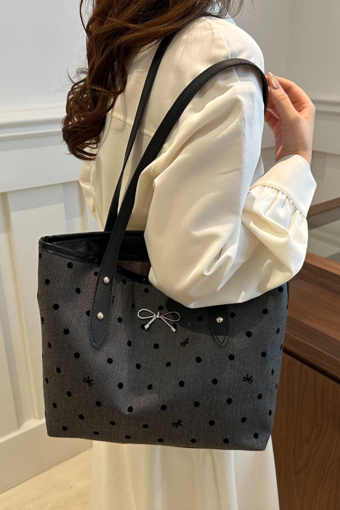 Bow Trim Polyester Tote Bag - Trendsi