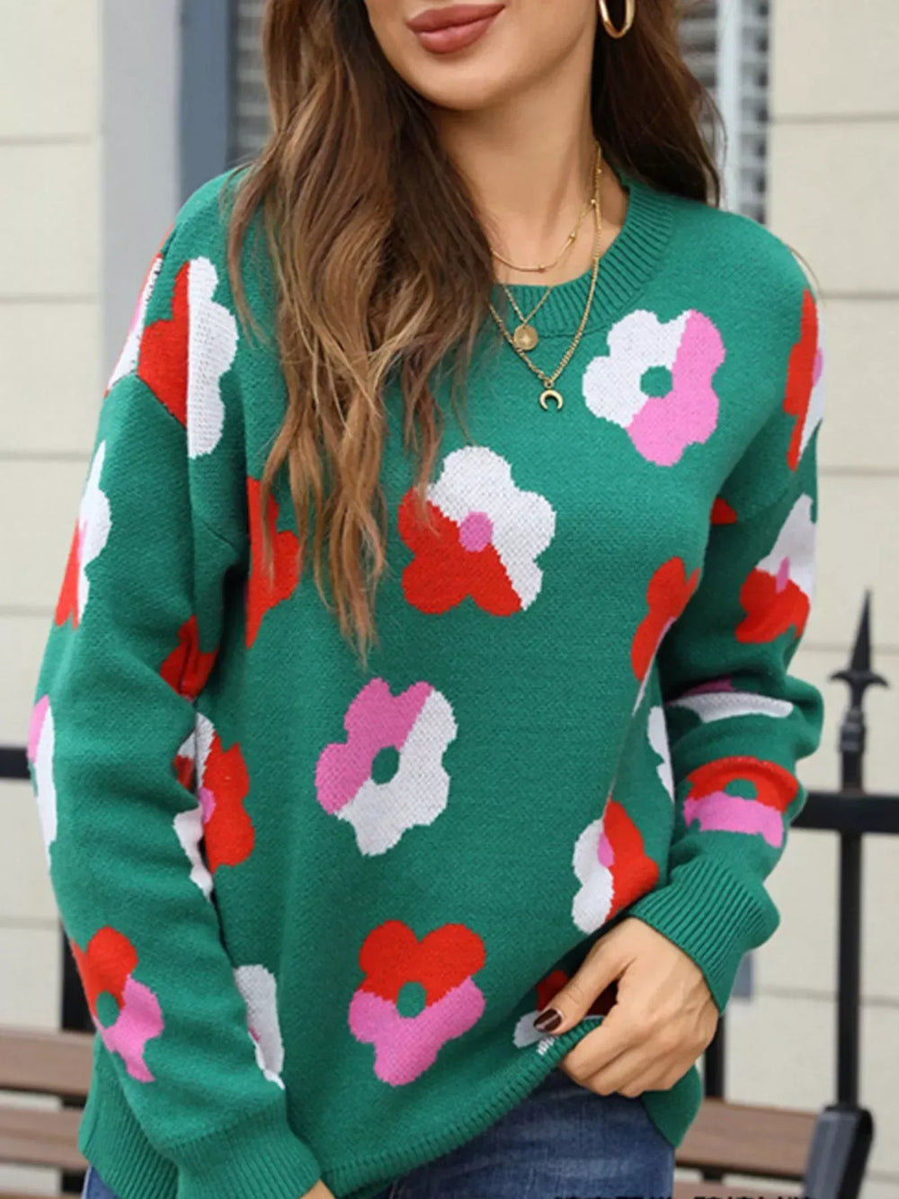 Floral Crew Neck Long Sleeve Sweater - Trendsi - Flyclothing LLC