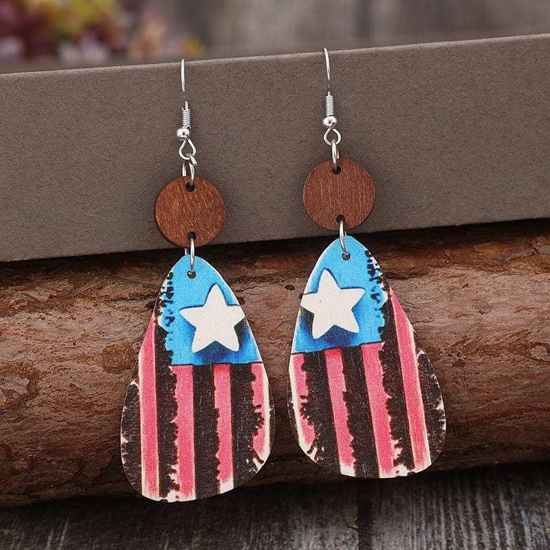 Star & Stripes Wooden Dangle Earrings - Trendsi - Flyclothing LLC