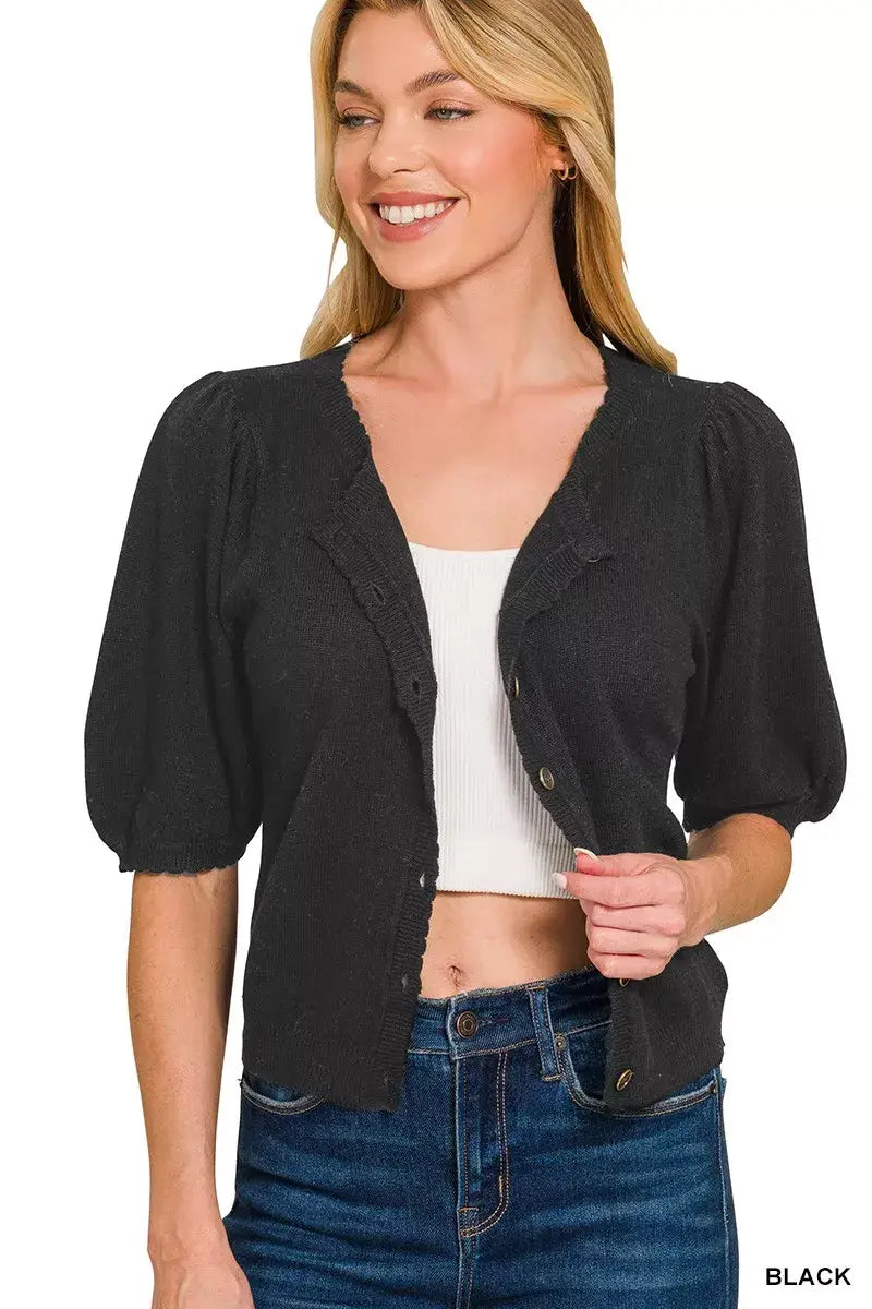 Zenana Puff Sleeve Wool Sweater Cardigan - Trendsi - Flyclothing LLC
