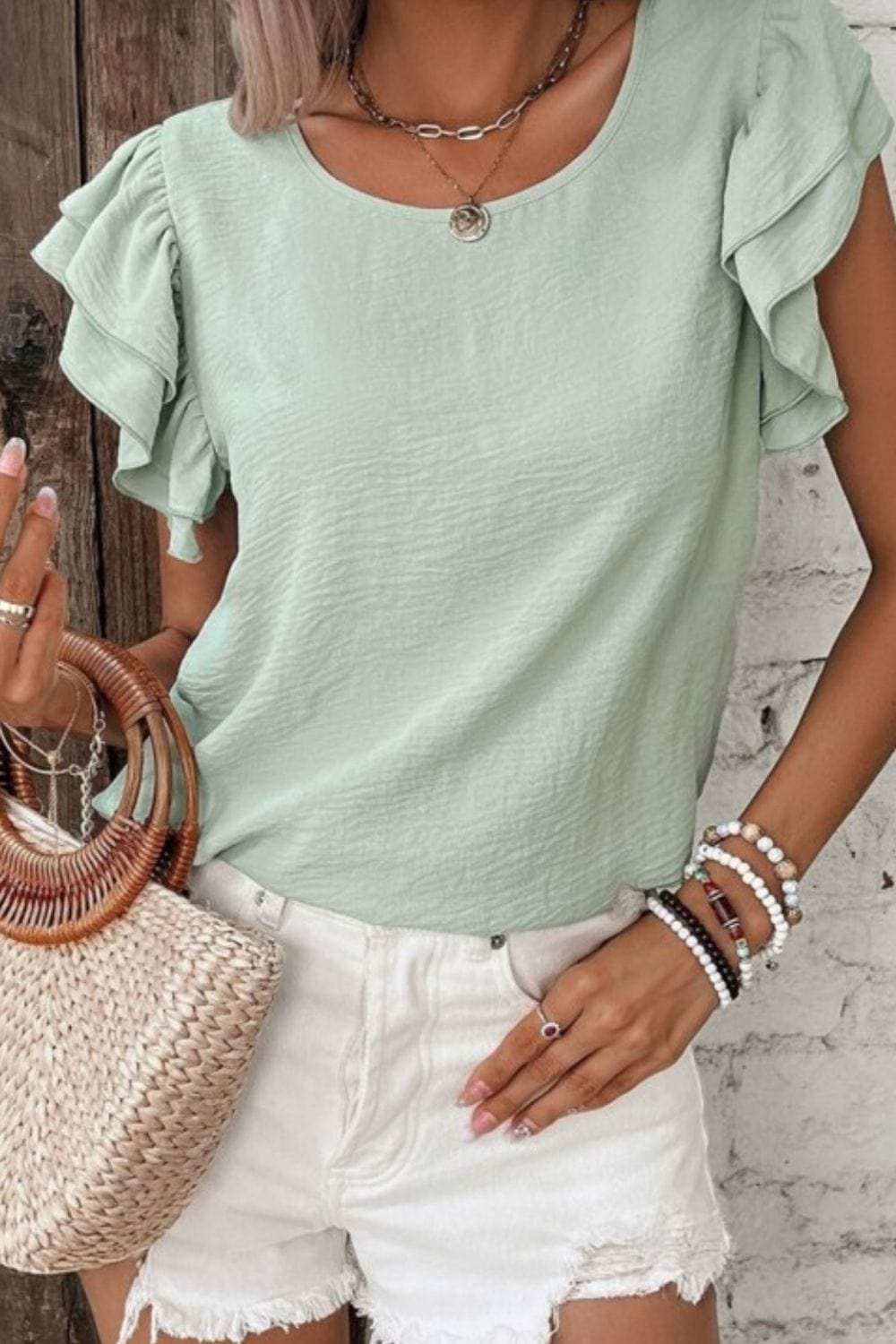 V-Neck Ruffled Cap Sleeve Blouse - Trendsi - Flyclothing LLC