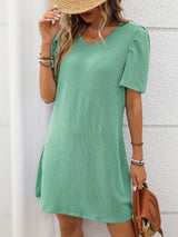 Textured Round Neck Short Sleeve Mini Dress - Trendsi - Flyclothing LLC