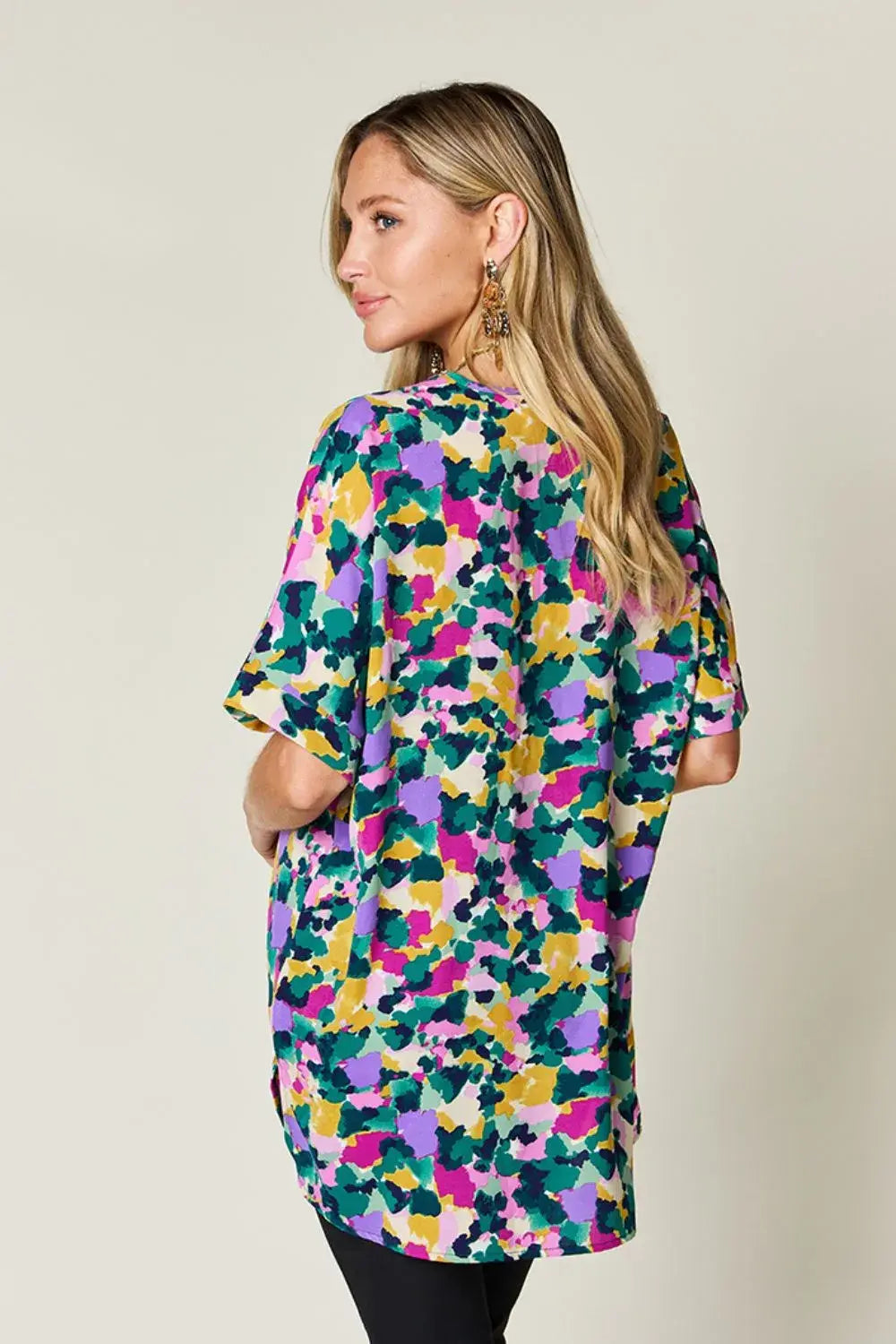 Double Take Full Size Printed V-Neck Short Sleeve Side Slit Top - Trendsi - Flyclothing LLC