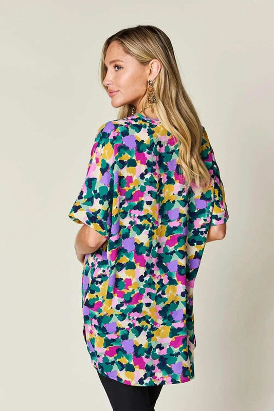 Double Take Full Size Printed V-Neck Short Sleeve Side Slit Top - Trendsi - Flyclothing LLC