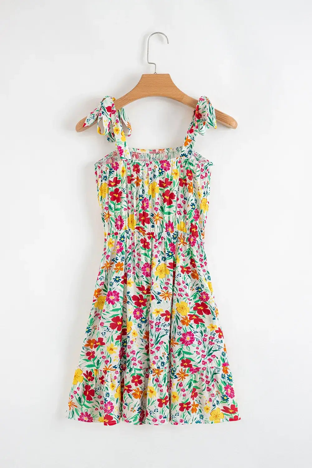 Floral Knotted Straps Cinched Waist Ruffle Hem Mini Dress - Trendsi - Flyclothing LLC
