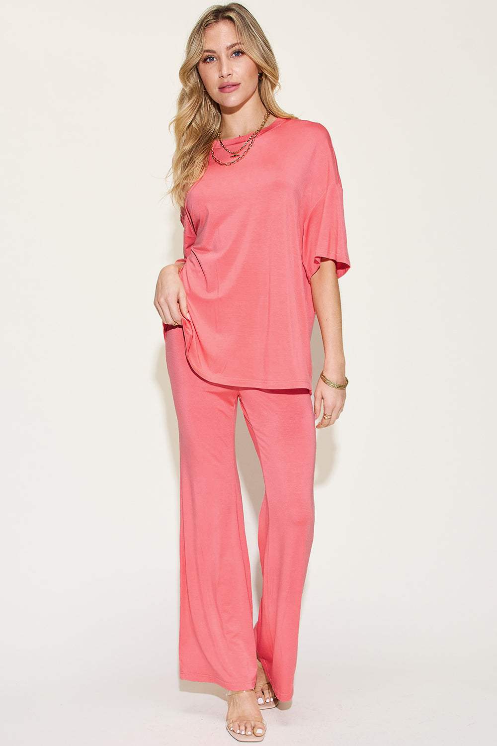 Basic Bae Full Size Bamboo Drop Shoulder T-Shirt and Flare Pants Set - Trendsi - Flyclothing LLC