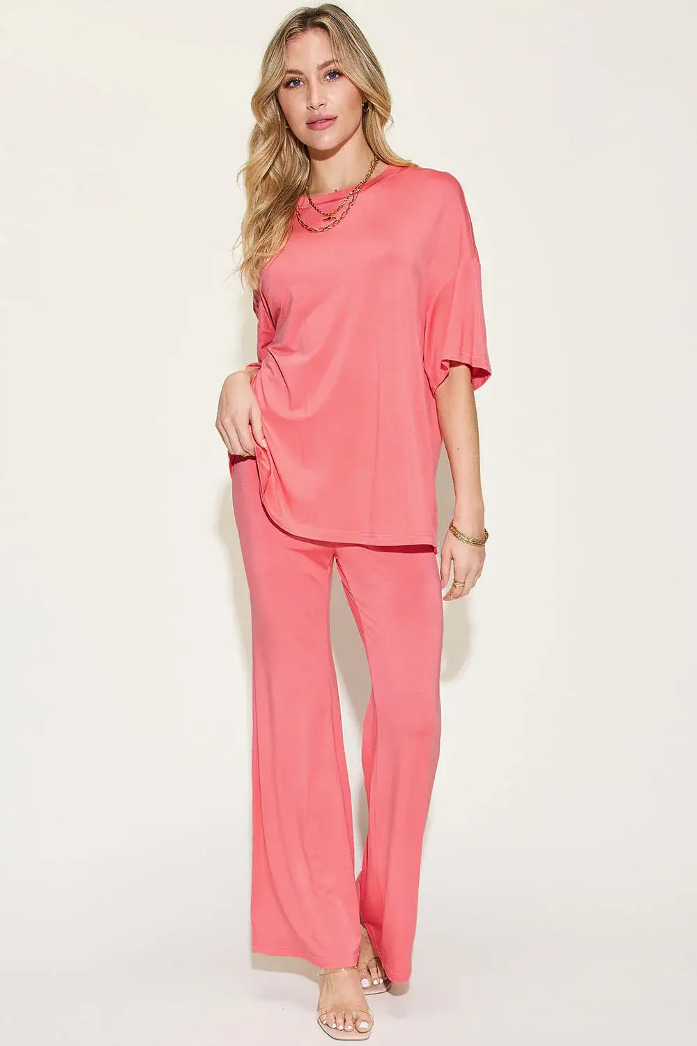 Basic Bae Full Size Bamboo Drop Shoulder T-Shirt and Flare Pants Set - ShopBasicbae - Flyclothing LLC