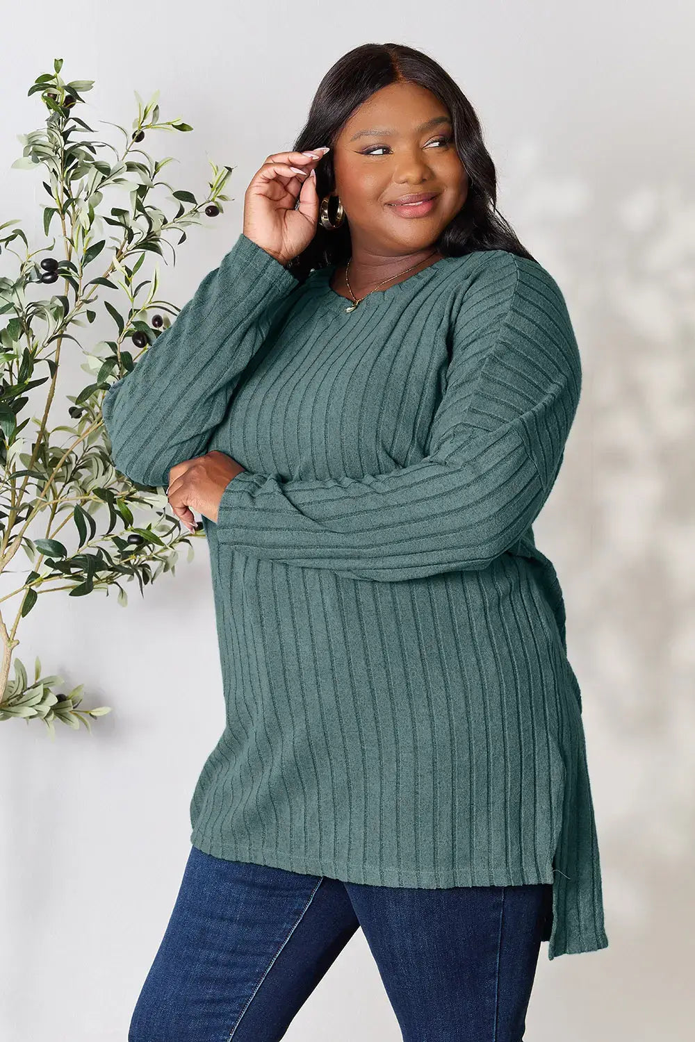 Basic Bae Full Size Ribbed Round Neck Long Sleeve Slit Top - ShopBasicbae - Flyclothing LLC