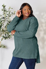 Basic Bae Full Size Ribbed Round Neck Long Sleeve Slit Top - ShopBasicbae - Flyclothing LLC