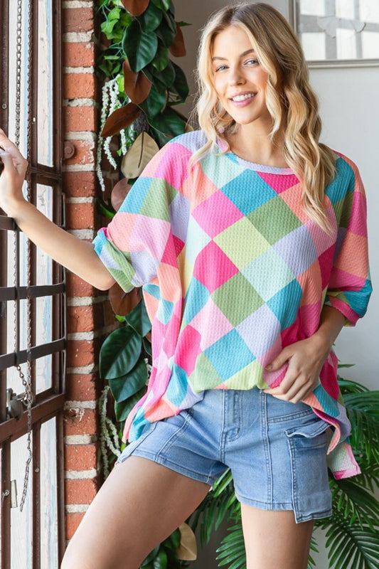 HOPELY Color Block Waffle Oversized T-Shirt - Trendsi