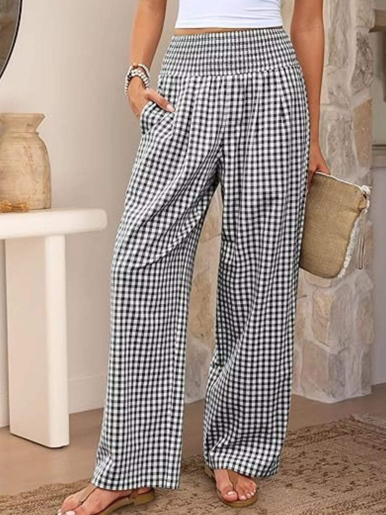 Gingham Wide-Leg Pants - Trendsi - Flyclothing LLC