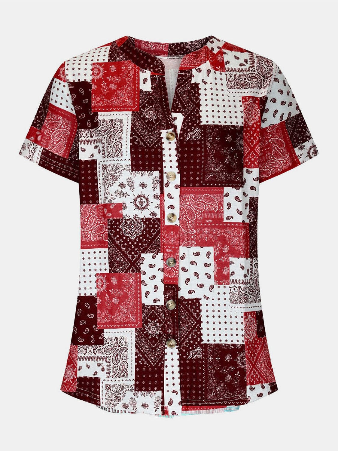 Printed Notched Short Sleeve Blouse - Trendsi