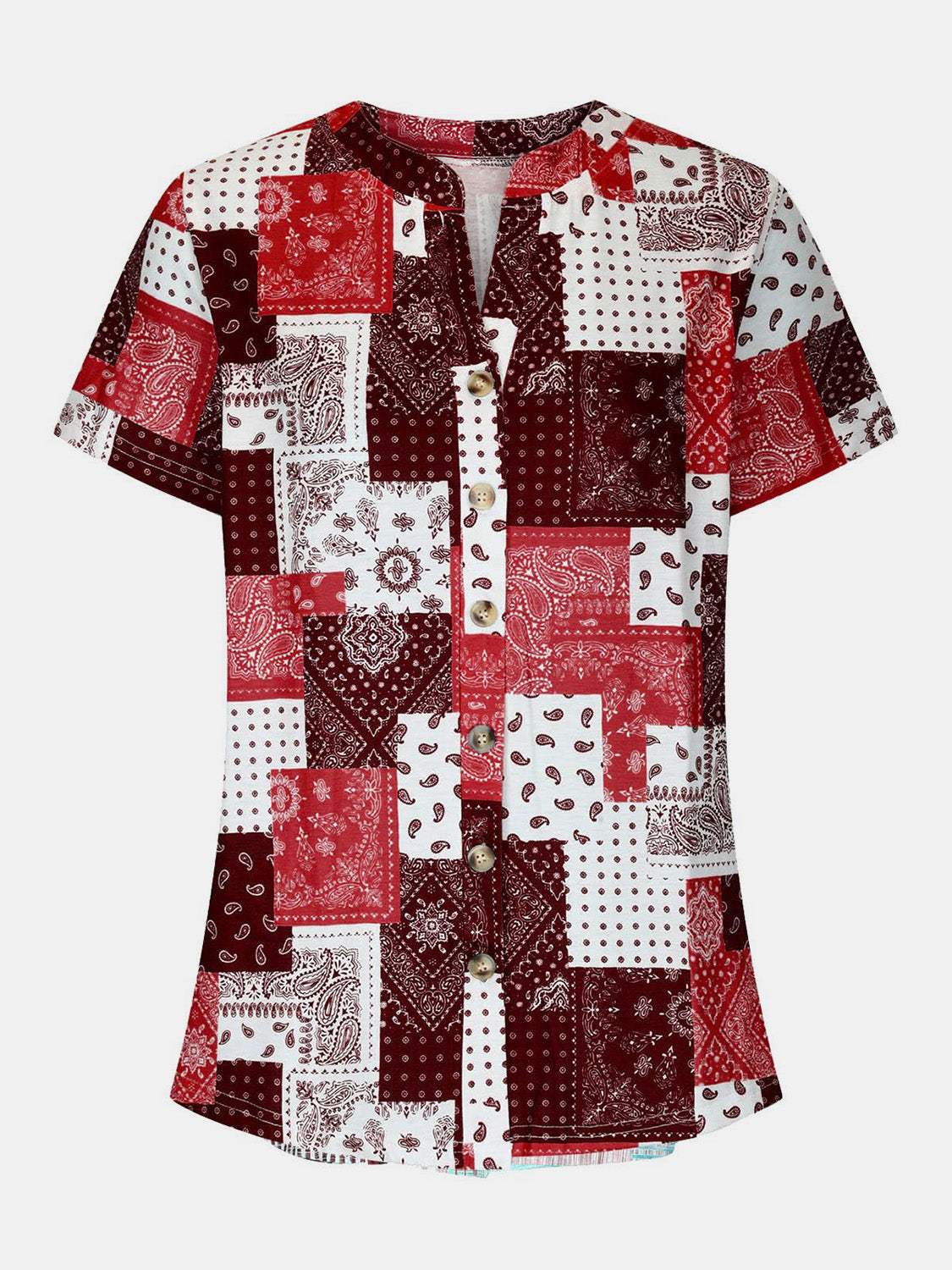 Printed Notched Short Sleeve Blouse - Trendsi - Flyclothing LLC