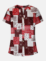 Printed Notched Short Sleeve Blouse - Trendsi - Flyclothing LLC
