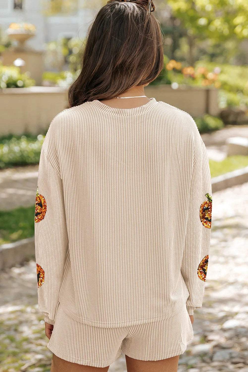 Sequin Pumpkin Round Neck Top and Shorts Set - Trendsi - Flyclothing LLC