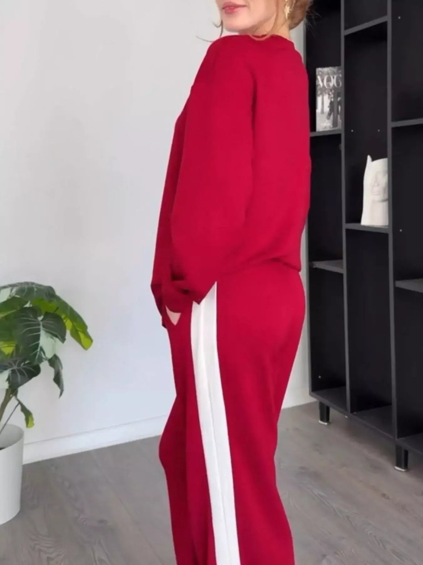 Full Size Contrast Round Neck Top and Pants Set Plus Size - Trendsi - Flyclothing LLC