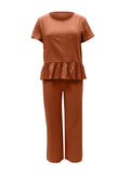 Peplum Round Neck Short Sleeve Top and Pants Set - Trendsi - Flyclothing LLC