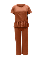 Peplum Round Neck Short Sleeve Top and Pants Set - Trendsi