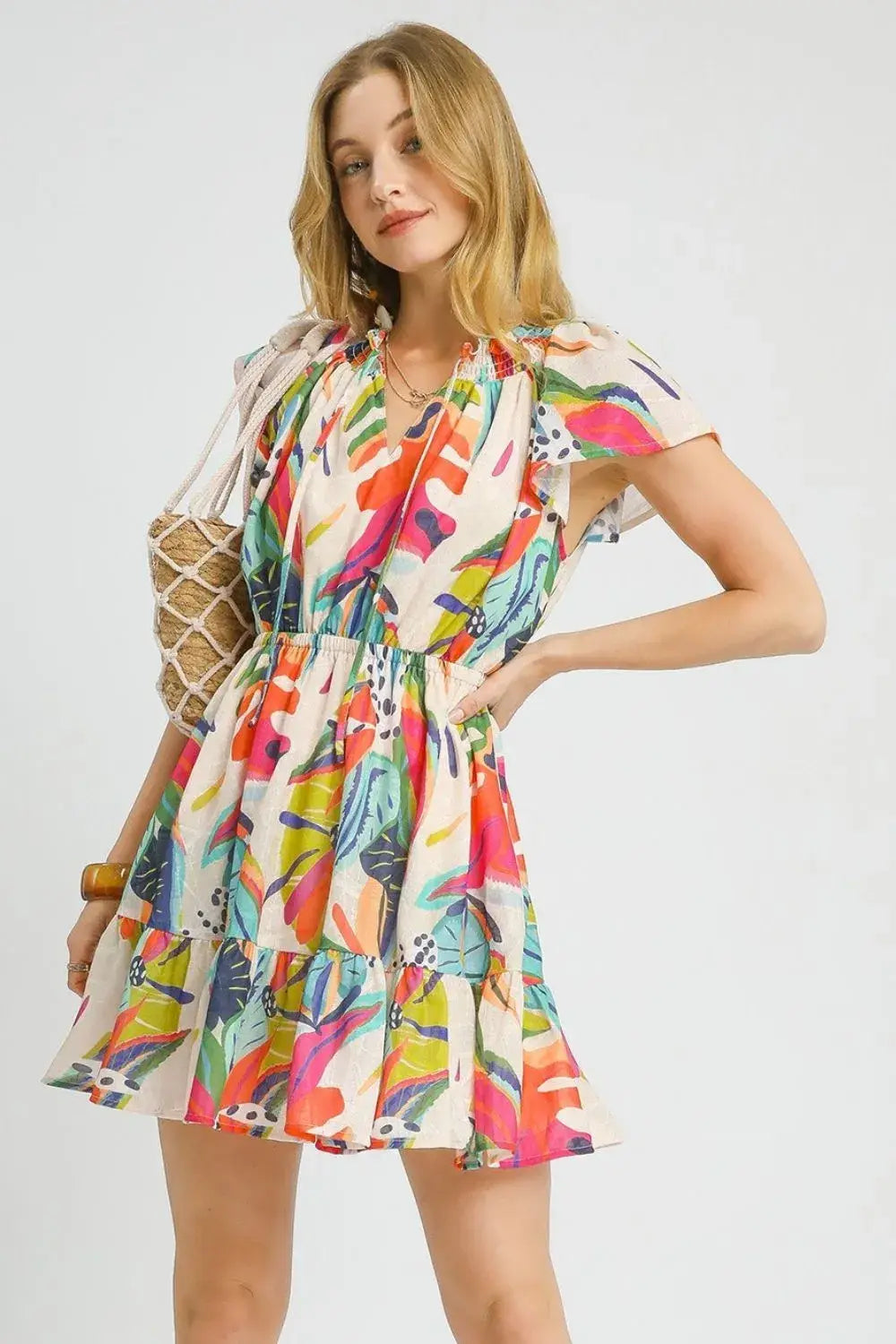 Umgee Printed Tie Neck Ruffled Hem Dress - Trendsi - Flyclothing LLC