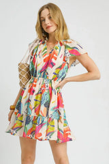 Umgee Printed Tie Neck Ruffled Hem Dress - Trendsi - Flyclothing LLC