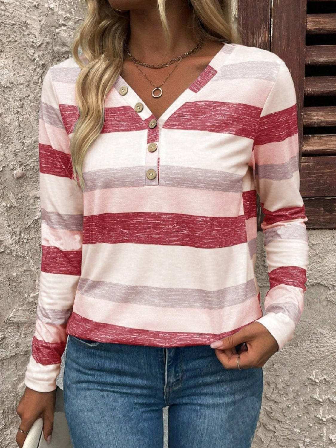 Contrast Striped V-Neck Long Sleeve T-Shirt - Trendsi - Flyclothing LLC
