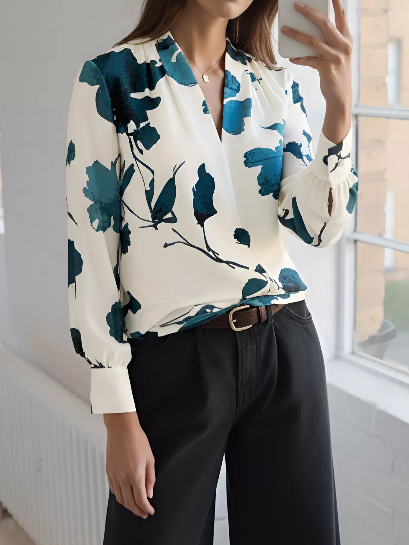 Printed V-Neck Long Sleeve Blouse - Trendsi - Flyclothing LLC