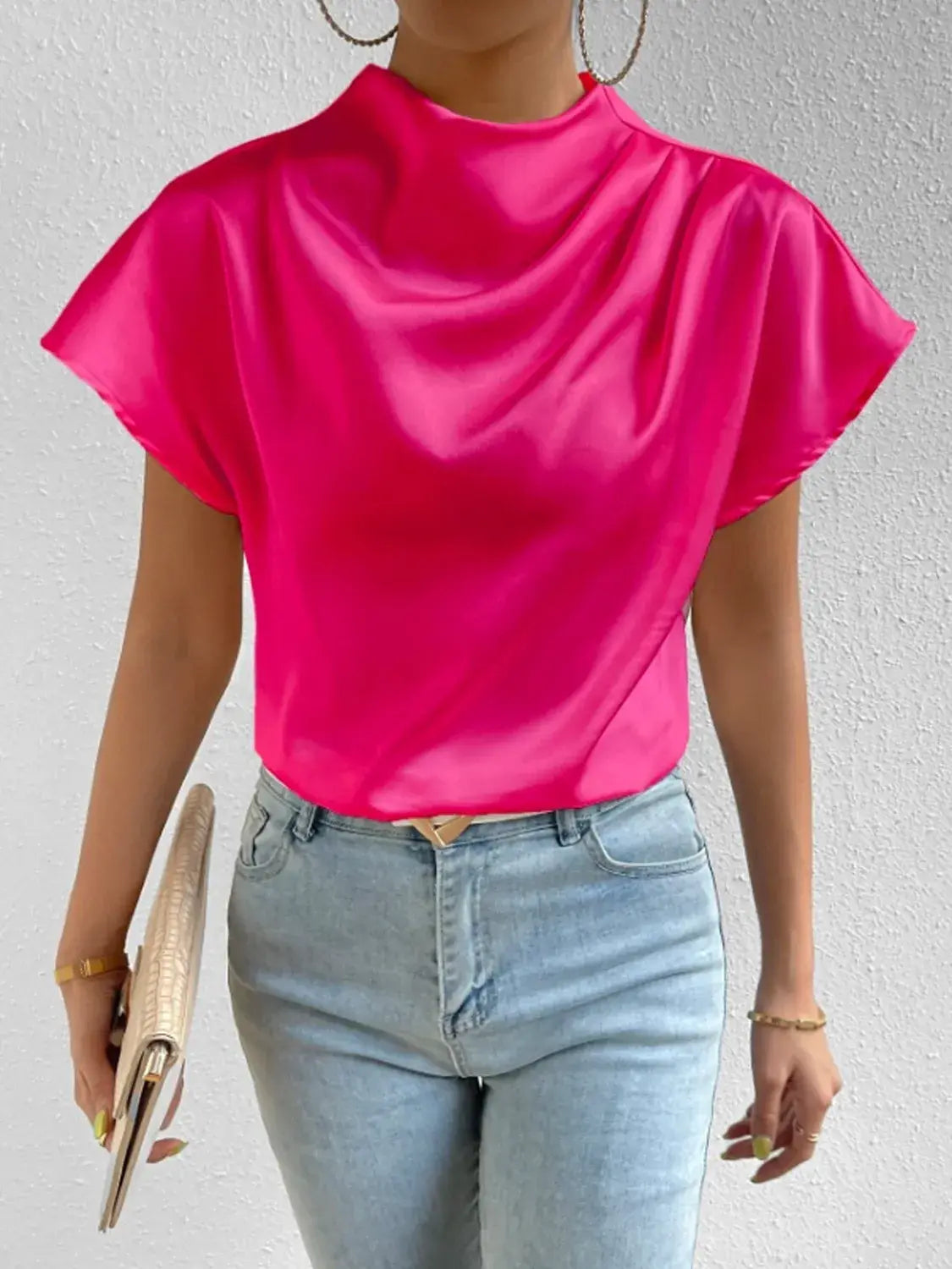 Mock Neck Short Sleeve Blouse - Trendsi - Flyclothing LLC