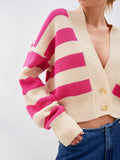 Striped Button Down Drop Shoulder Cardigan - Trendsi