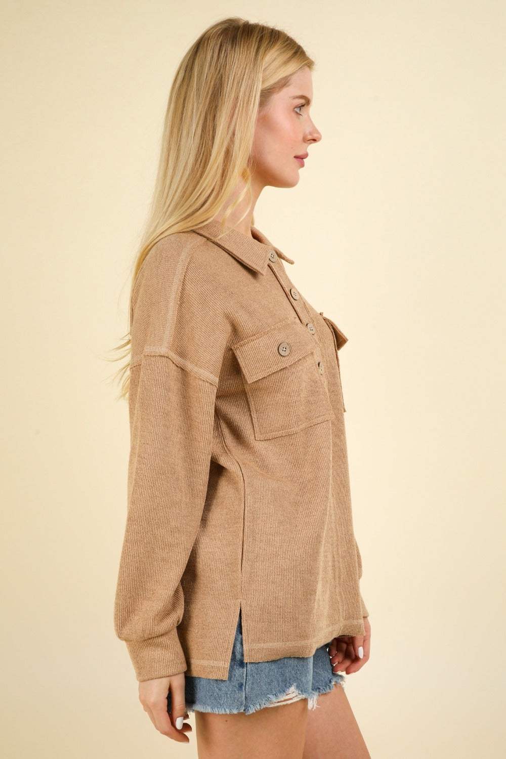 VERY J Collared Half Button Knit Top with Pockets - Trendsi - Flyclothing LLC