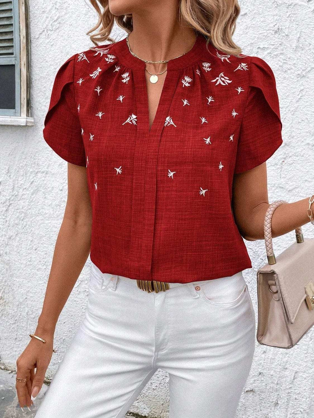 Floral Notched Short Sleeve Blouse - Trendsi - Flyclothing LLC