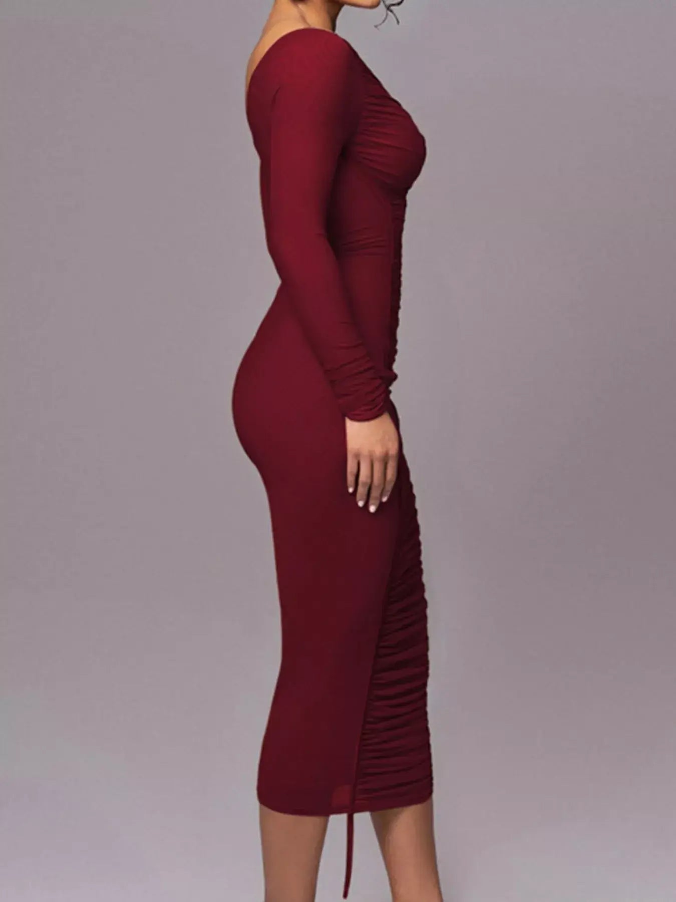 One-Shoulder Ruched Bodycon Midi Dress - Trendsi - Flyclothing LLC