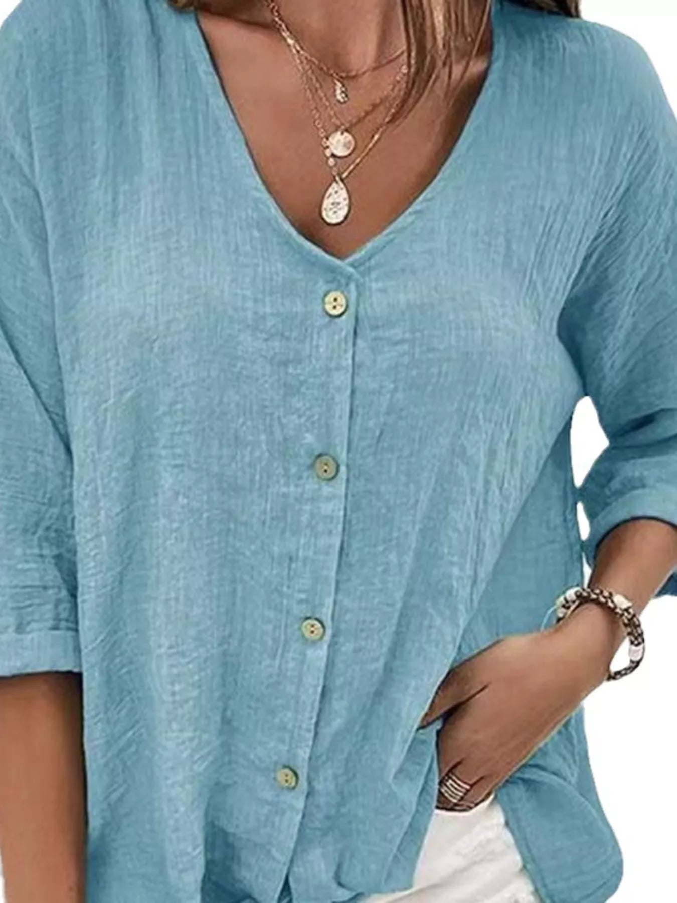 Full Size Casual V-Neck Button-Down Blouse Plus Size - Trendsi - Flyclothing LLC