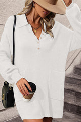 Collared Neck Long Sleeve Sweater Dress with Pockets - Trendsi - Flyclothing LLC