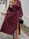Split Printed Surplice Long Sleeve Midi Dress - Trendsi - Flyclothing LLC