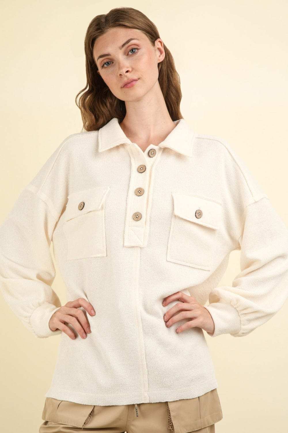 VERY J Collared Half Button Knit Top with Pockets - Trendsi - Flyclothing LLC