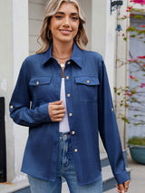 Solid Color Collared Neck Long Sleeve Shirt - Trendsi - Flyclothing LLC