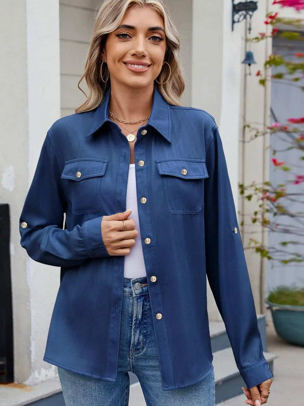 Solid Color Collared Neck Long Sleeve Shirt - Trendsi - Flyclothing LLC