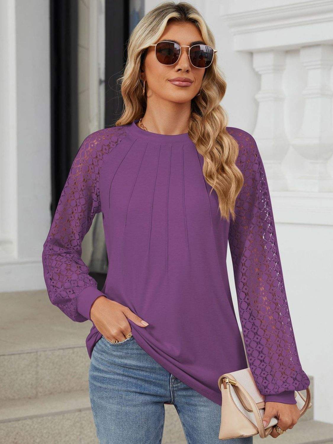 Round Neck Lace Long Sleeve Top - Trendsi - Flyclothing LLC