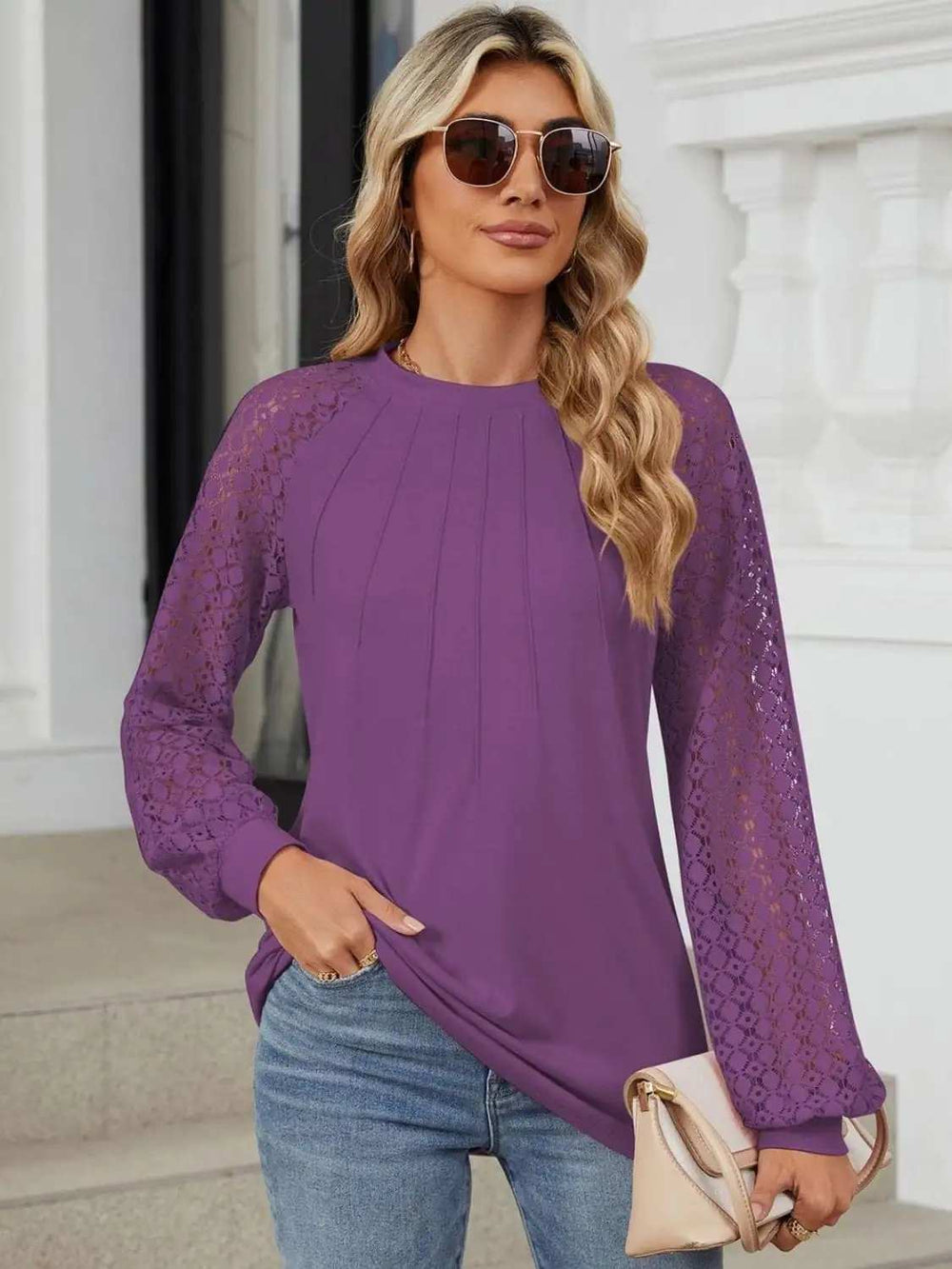 Round Neck Lace Long Sleeve Top - Trendsi - Flyclothing LLC