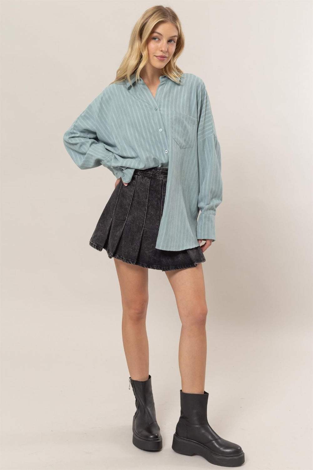 HYFVE Stripe Button Down Long Sleeve Oversized Shirt - Trendsi - Flyclothing LLC