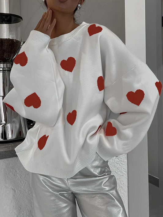 Valentine’s Day Heart Round Neck Long Sleeve Sweater - Trendsi - Flyclothing LLC