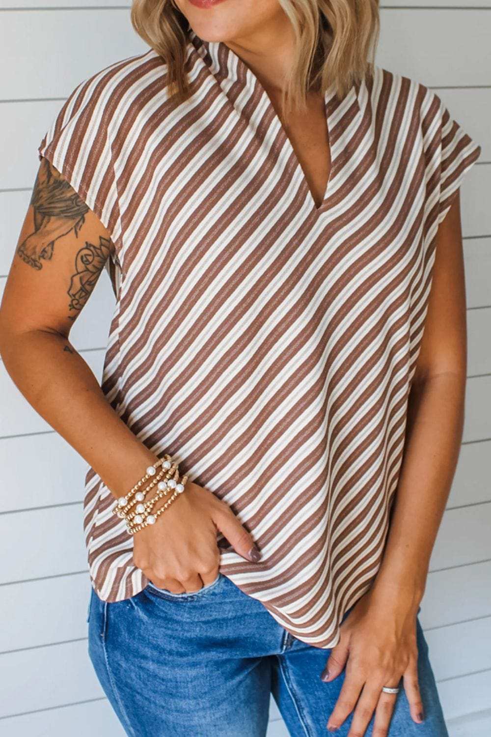 Striped V Neck Cap Sleeve Blouse - Trendsi - Flyclothing LLC