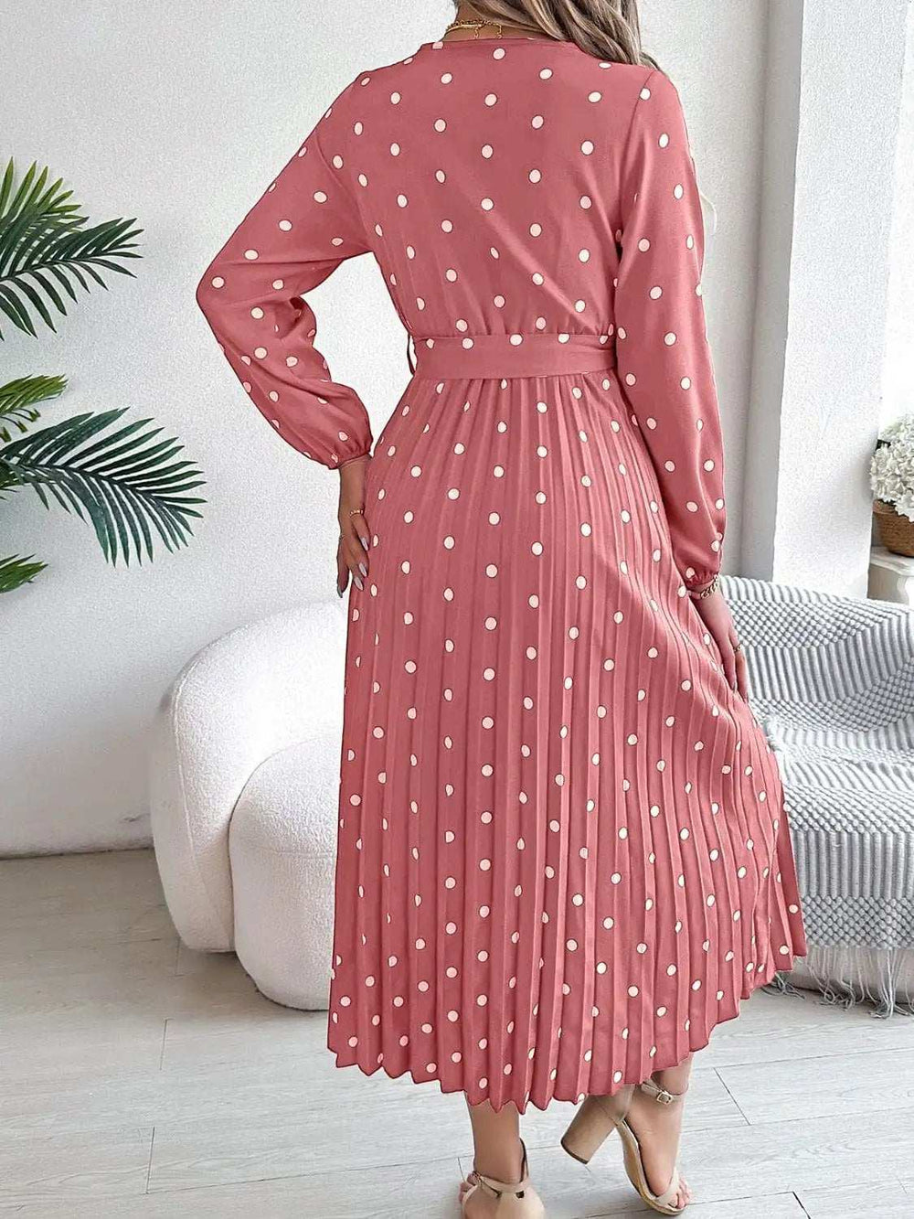 Tied Polka Dot Long Sleeve Midi Dress - Trendsi - Flyclothing LLC