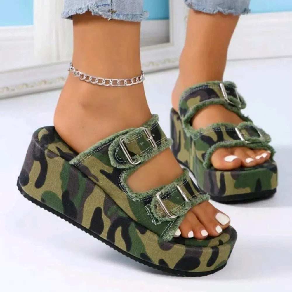 Raw Hem Wedge Buckle Sandals - Trendsi - Flyclothing LLC
