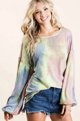 BiBi Tie Dye French Terry Sweatshirt With Bubble Sleeves - Trendsi - Flyclothing LLC