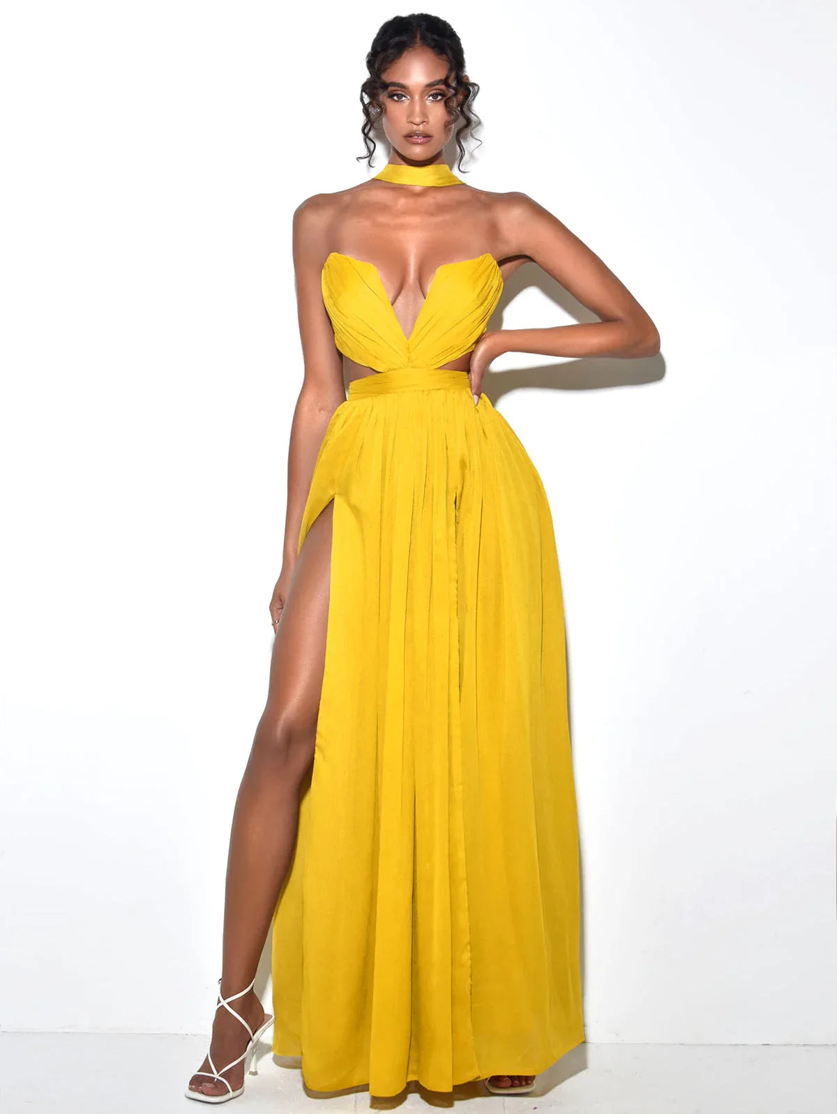 Xella Yellow Pleated Chiffon Maxi Dress - Miss Circle - Flyclothing LLC